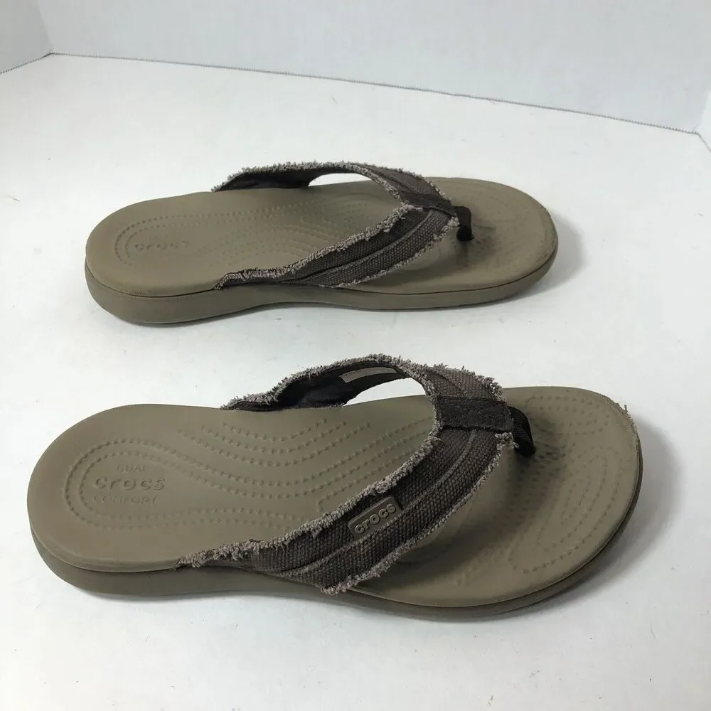 Crocs Sandals Mens Size 7 Dual Comfort Distressed Flip Flops Thong Taupe Brown C
